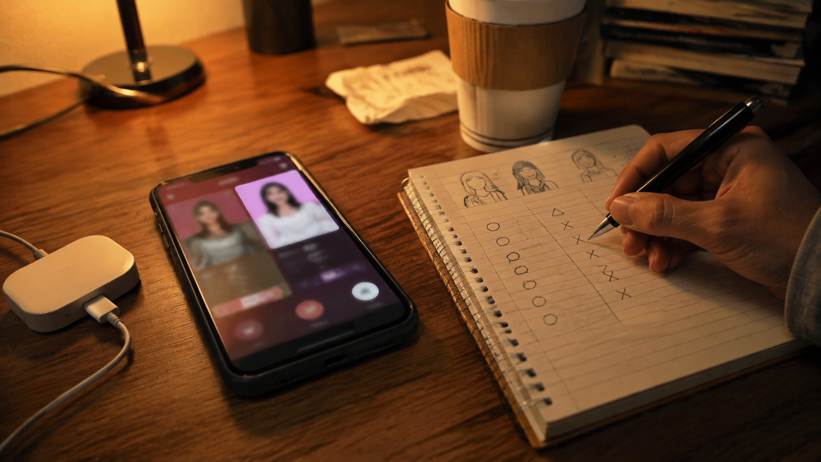 マッチングアプリを比較するスマホと手書きノート