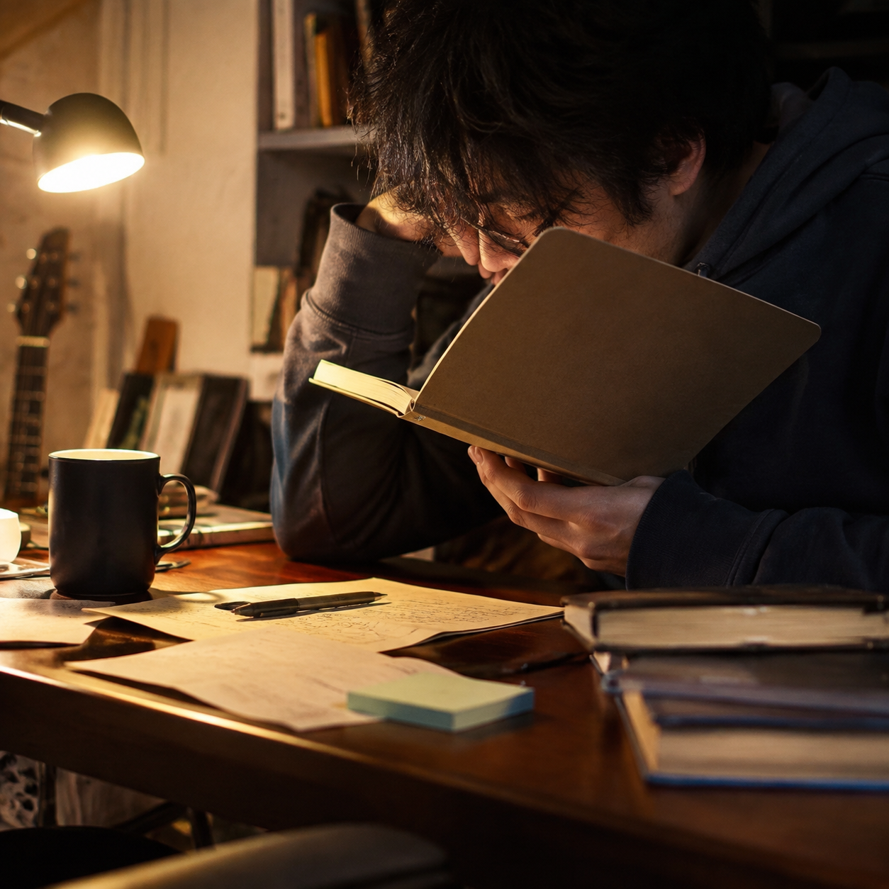 Night Compassの夜更かし編集長が机で比較メモを読むプロフィール画像
